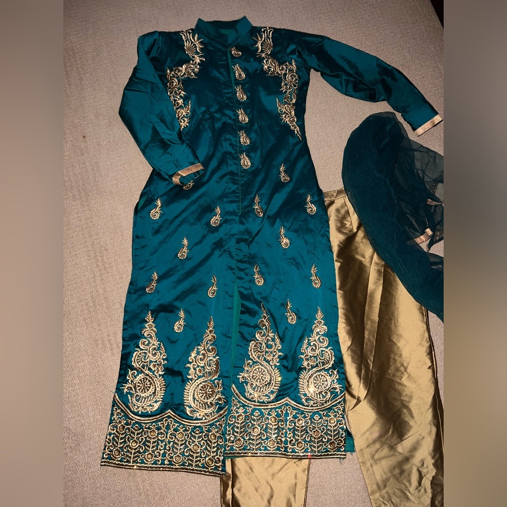 Teal and Gold Embroidered Indian Suit Outfit